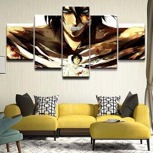 Wall Art Canvas Painting Picture Print Home Decor 5 Pieces Attack On Titan Eren Yeager Poster For Living Room Modular Framework