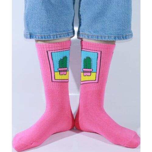 Happly Woman Mid Socks Funny Colorful Cactus Plant Pattern Cotton Keep Warm Spring 2 pcs/lot Female Crew Sock