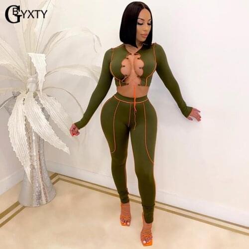 GBYXTY New Autumn Pants Outfits Sexy Front Hollow Out Lace Up Long Sleeve Crop Top and Skinny Pants 2 Piece Tracksuit Set ZL1308