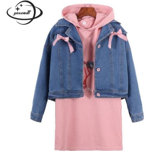 5-15y Kids Clothing Set Spring Autumn Girls Sweatshirts+jackets 2pcs Suits Wool Warm Hooded Cowboy Childrens Clothes H68