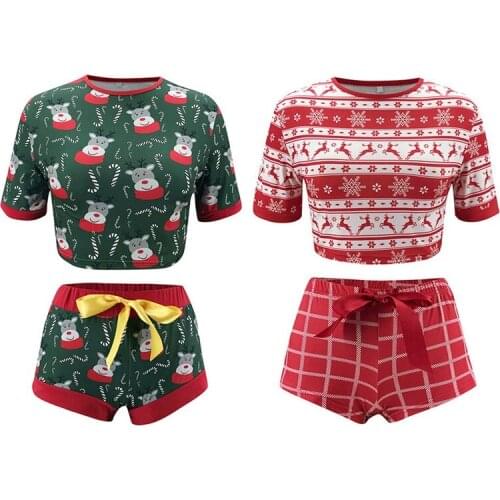 Women Sexy Christmas 2Pcs Pajamas Set O-Neck Crop Top Bowknot Mini Shorts Reindeer Snowflake Print Sleepwear Loungewear
