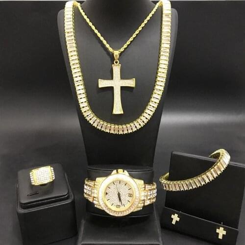 Luxury Men Gold Color Watch & Neckacle & Braclete & Ring & Earrings Combo Set Ice Out Cuban In Crystal Necakcle Chain For Men
