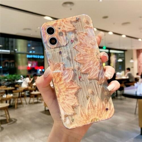 3D Luxury Rhinestone Oil Painting Lotus Protective Shell for iPhone 12 11 Pro XS Max XR X 7 8 Plus Abstract Epoxy Back Cover