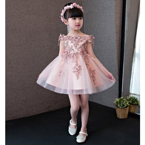 Glizt Girls Shoulderless Flower Girl Wedding Dress Pink Lace Appliques Party Princess Birthday Dress First Communion Gown