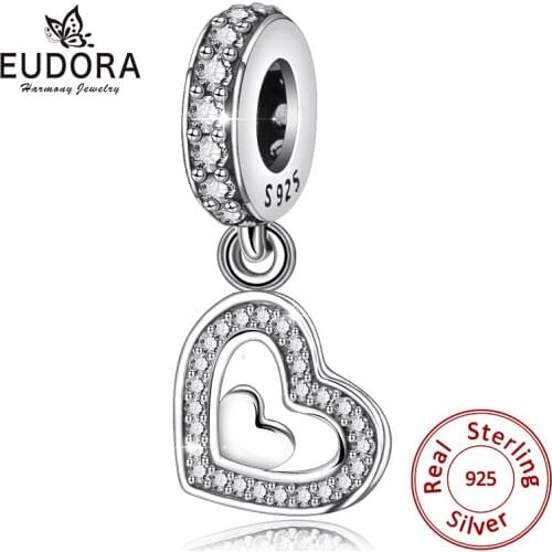 EUDORA 925 Sterling Silver Unique Heart Charms &Clear Cubic Zirconia Beads Mini Pendant Necklace fit Bracelets DIY Jewelry CYZ91