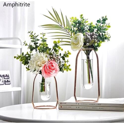 Home Decorating Vase Golden Retro Metal Vase Holder Wedding Decoration Glass Vase False Ornament Flower For Home Terrarium