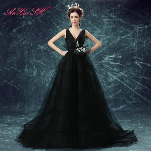 AXJFU Black Sexy deep V neck collar princess bride bow evening dress dinner luxury Black flower lace turkey evening dress 10030