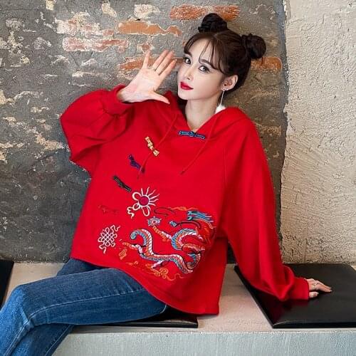 2021 New Vintage Embroidery Hooded Sweatshirt Women Long Sleeve Loose Plus Size Chinese Style Buckle Casual Hoodies Female Top