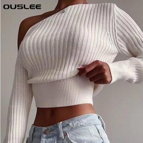 OUSLEE Women Sexy Off Shoulder Sweater Jumper Spring Long Sleeve Knitted Crop Tops Solid Lady Pullover Sweaters Streetwear