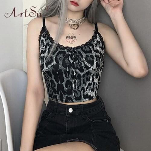 ArtSu Patchwork Lace Leopard Printed Black Cami Top Tie Up Sexy Cropped Top Women Fashion Summer Tank Top Streetwear
