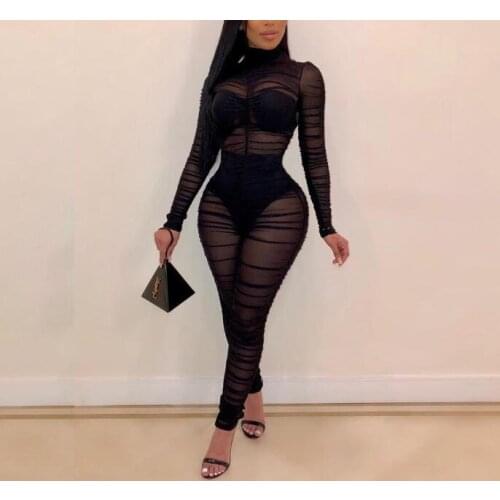 Sexy Black Sheer Mesh Clubwear Jumpsuit Rompers Women Autumn Long Sleeve Turtleneck Skinny See-through Party Club Long Overalls