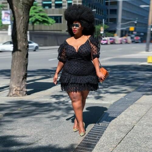 Sheer Mesh Polka Dot Print Cake Dresses for Women Deep V Neck Short Puff Sleeve Ruffles Dress Vintage Backless Plus Size Dress