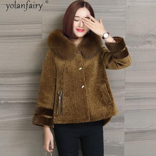 100% Wool Fur Coat Real Fox Fur Collar Hooded Female Jacket Vintage Winter Clothes Women Short Sheep Shearing Coat Ropa NR7022