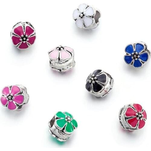 50pc Alloy Enamel Flower Large Hole Style European Beads Antique Silver Color Mixed Color 10x11mm For Bracelet Making