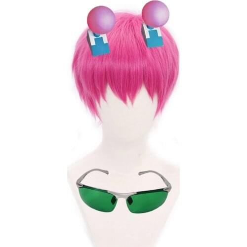 Anime The Disastrous Life of Saiki K. Cosplay Wig Saiki Kusuo Short Pink Synthetic Hair Wigs + Wig Cap + Hairpins + Glasses