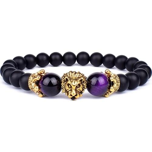Purple Tiger Eye Bead Bracelet Luxury Crown Charm Bracelet Vintage Lion Head Bracelet Men Jewelry Gift Male Pulseira bileklik