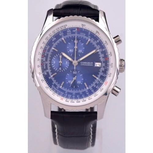 Corgeut 46mm Mens Watch Top Brand Luxury Leather Strap VK Chronograph Quartz Watch Blue Dial Auto Date Luminous Wristwatch Men