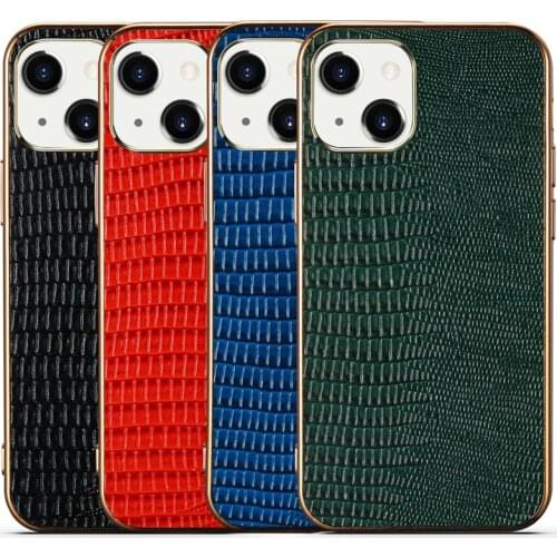 Genuine Leather Cover For Iphone 13 12 11 Pro Max Mini Real Natural Cowhide Skin + Soft Gold Electroplated Silicone Lizard Case