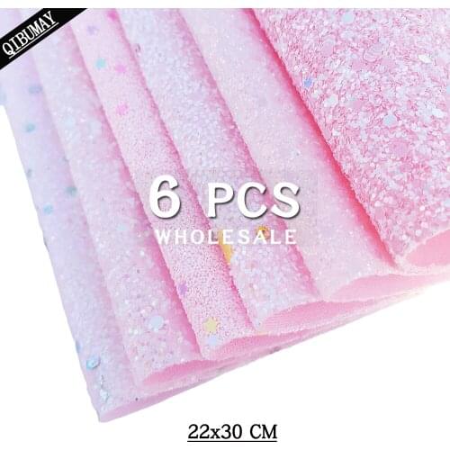 QIBU 22*30cm 6pcs Pink Synthetic Leather Sheets A4 Size Chunky Glitter Fabric Party Decoration Materials DIY Hairbow Accessories