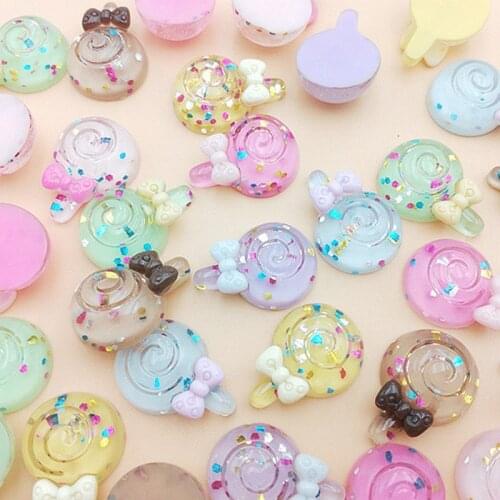 30pcs Color Sequin Bows Lollipop Flat Back Planar Resin Appliques DIY Craft Supplies Kids Hair Accessories Phone Shell Patch Art