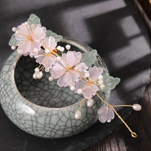 Flower Pearl Side Clip Chinese Style Cute Vintage Headdress Hanfu Clothing Accessories for Little Girls ML