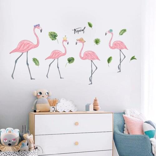 DIY Green Leaf Flamingos Wall Sticker Art Wall Decoration PVC Baby Girl Room Decor Autocollant Mural Muurstickers