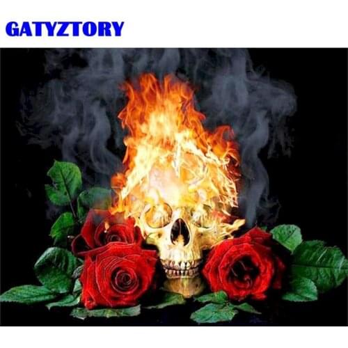 GATYZTORY 5D DIY Diamond Painting Rose Fire Skull Embroidery Diamond Mosaic Full Square/Round Drill Landscape Decorations Home G