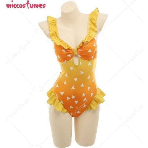Kimetsu no Yaiba Zenitsu Ruffled One-Piece Zentai Bodysuit Swimming Suit Bathing Suit Beach Swimsuit Outfit Cosplay Costume