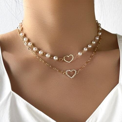 QiLuxy Multilayer Heart Pearl Necklaces for Women Fashion Zircon Heart Pendant Necklaces Choker Jewelry