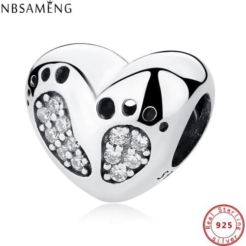 NBSAMENG 100% 925 Sterling Silver Bead Beads Baby Footprint Heart Shape Charm Beads Fit Bracelets Women DIY Jewelry Gift