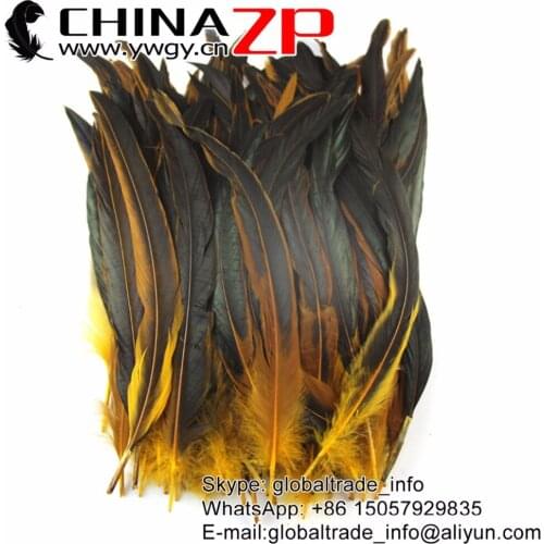 NO.1 Supplier CHINAZP Factory 100pcs/lot 25-30cm(10-12inch) Length DIY Decoration Part Dyed Golden Rooster Tail Feathers