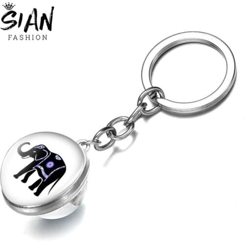 SIAN Cartoon Elephant Keychain Lovely Elephant Art Painting Glass Cabochon Dome Pendant Key Chains for Childrens Birthday Gift