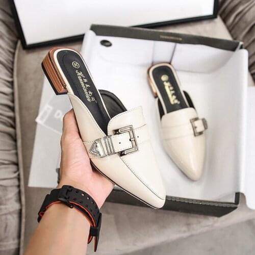 2021 Japanned Leather belt buckle mules women sandals summer shoes slides pointed toe wood heels slippers woman plus size 42/43