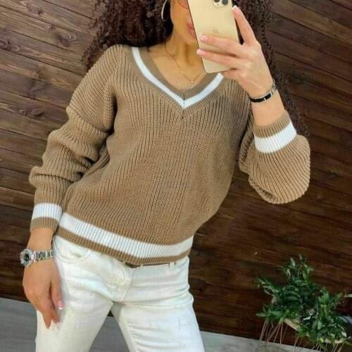 Women Long-sleeved Sweater Fashion V Neck Striped Loose Knitted Pullover Warm Sweaters New Autumn Ladies Vintage Casual Blouse