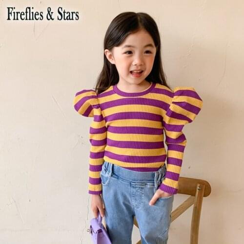 Spring Autumn Girls Sweater Baby Knitwear Kids Knitted Tops Children Clothes Streetwear Ins Striped Puff Sleeve 2 To 6 Yrs