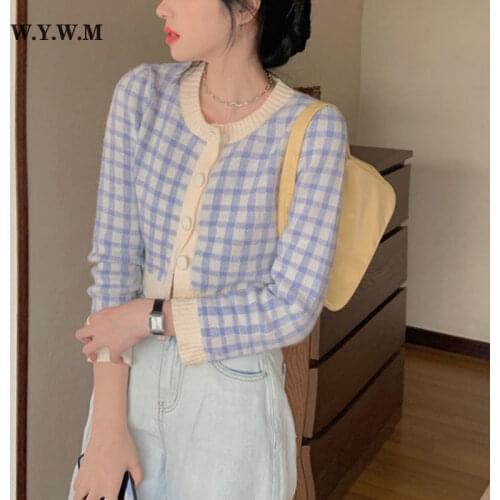 WYWM Vintage Plaid Knitted Cardigan Short Knit Women Coat Winter Long Sleeve O-neck Sweet Crop Top Sweater Fleece Knitwear Tops