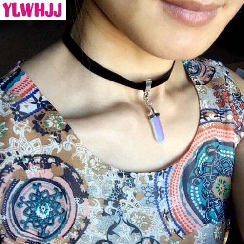 YLWHJJ brand 2017 new women bullet choker necklace black velvet girls crystal natural stone glass fashion statement jewelry hot