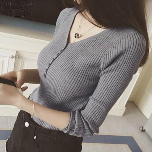 Autumn and Winter Sweaters Women Pullovers 2021 New Fashion V-neck Knit Slim Button Long Sleeve Bottoming Sweater Tops 16290