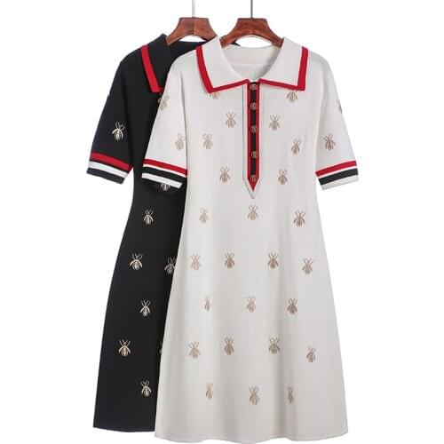 Spring Summer Knit Cartoon Embroidery Polo Dress Plus Size A-Line Black Casual Knee-Length Dresses Office Lady Turn-down Collar