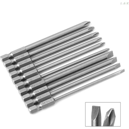 10 Pcs Magnetic Slotted PH2 Screwdriver Bit S2 Steel 1/4 Hex Shank 100mm F1FC