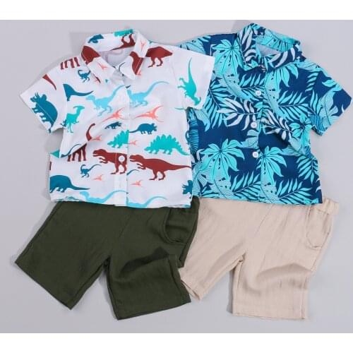 2021 2Pcs Kids Summer Outfits, Dinosaur/Leaf Print Short Sleeves Shirt + Elastic Waist Shorts Suit for Boys, 1-5 Years
