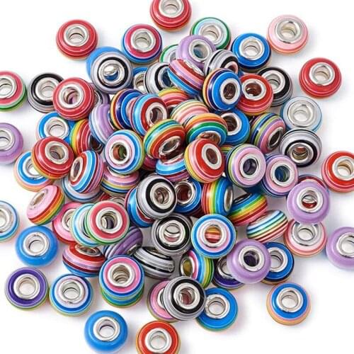 50pcs Lot Mixed Color Striped Rondelle Large Hole Spacer Beads Fit European Charm Bracelet Bangle Snake Chain for Jewelry Making