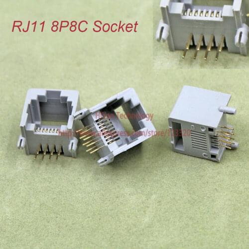 50pcs/lot) RJ11 8P8C Modular Jack Network Female Socket 8 Pin 90 Degree Curved Needle Welded Type