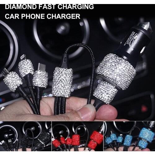 Bling Car Charger 5V 2.1A Dual Port Car USB Adapter Fast Charge with 3 In 1 Charging Cable Rhinestones Car Decoration for Women