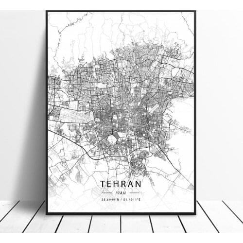 Black and White Tehran Iran White Latitude Longitude Canvas Art Map Poster