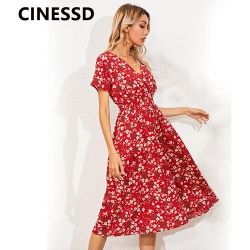 CINESSD Women Floral Print Dresses 2021 Summer V Neck Short Sleeve A Line Flowy Pullover Casual Flower Bohemian Long Beach Dress