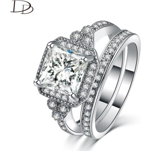 DODO Vintage Square AAA Zircon Couple Rings For Women 2Pcs Ring Sets Wedding Jewelry silvery Bijoux Femme Gift Dd162