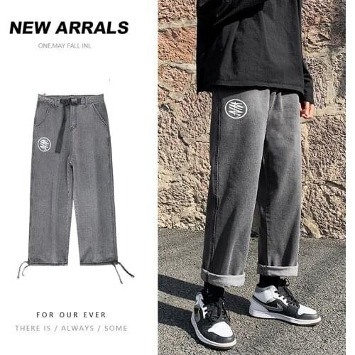 Hiphop Jeans Mens Summer Loose Straight Wide-legged Denim Pants Printed Casual Trousers Student Streetwear Pants Four Seasons