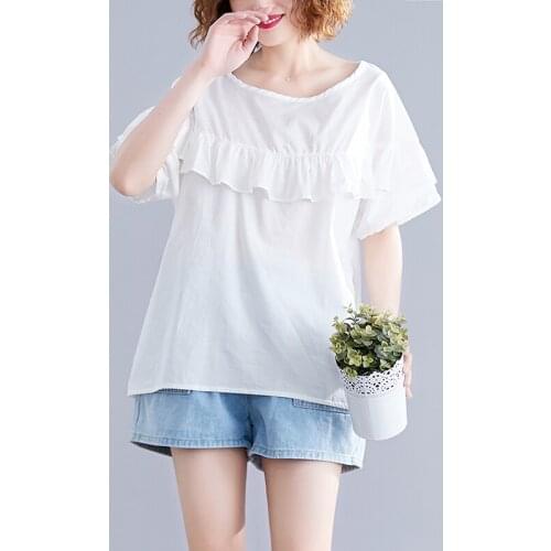 Oversized Loose Cotton Women T-shirts 2021 Summer New O-neck Ruffles Short-sleeved Casual All Match Female Pulls Tops Tees