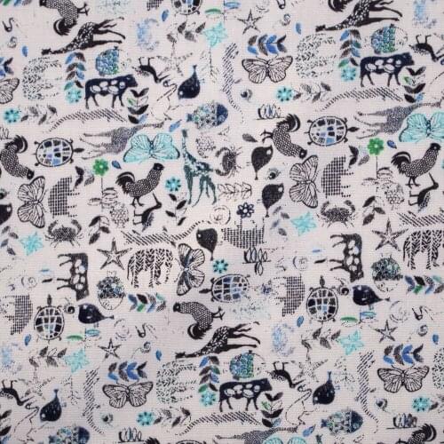 1 yard Cotton Poplin Fabric for sewing pathwork, dress, cloth, bedding - butterfly, bird, deer, chiken - blue